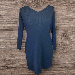 Club Monaco Black Ribbed Knit Strech Dress V-Neck 3/4 Sleeves Merino Wool Sz‎ M